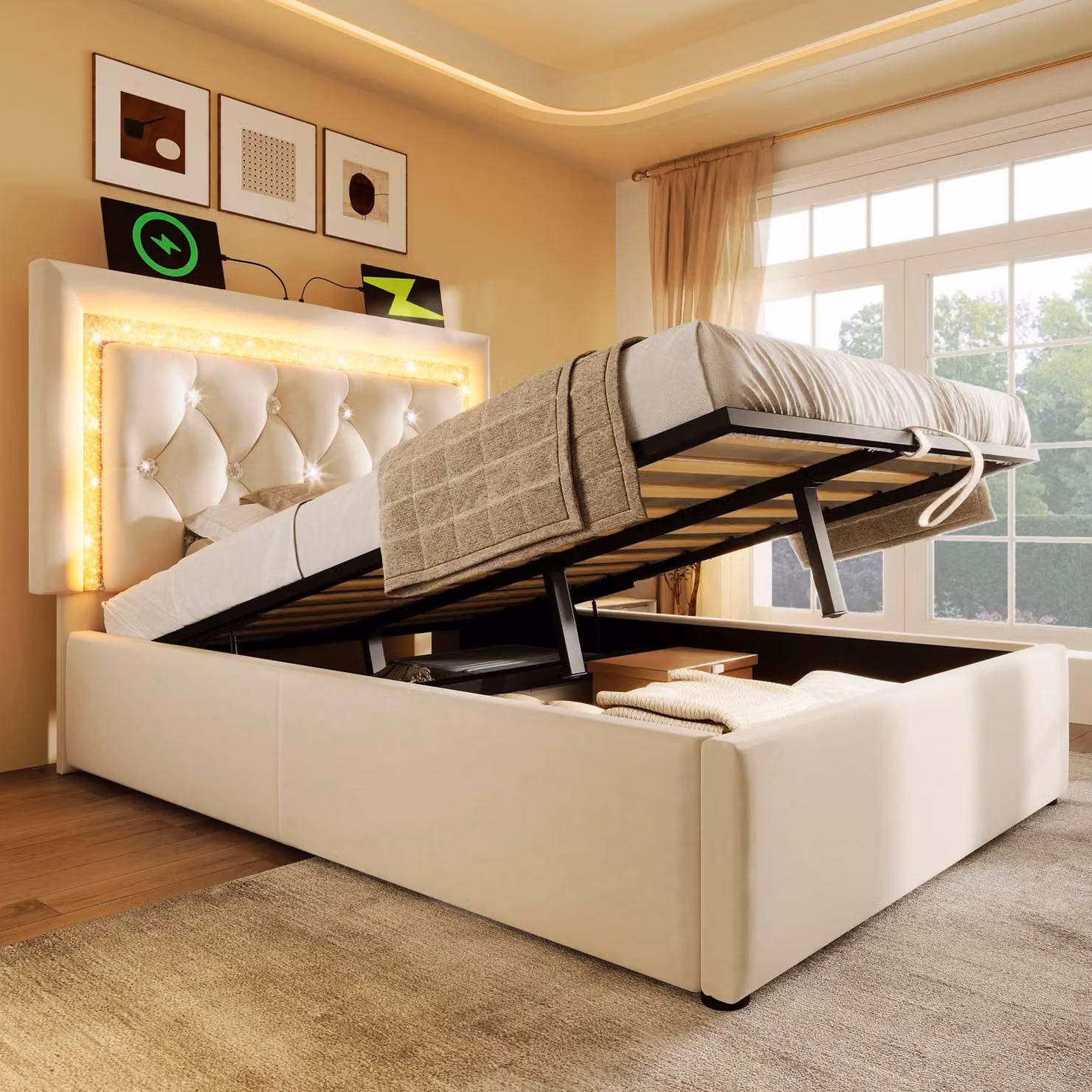 Letto imbottito Flieks 90x200cm con USB e Type C, letto idraulico con contenitore, letto singolo per giovani con LED, letto contenitore in velluto, beige