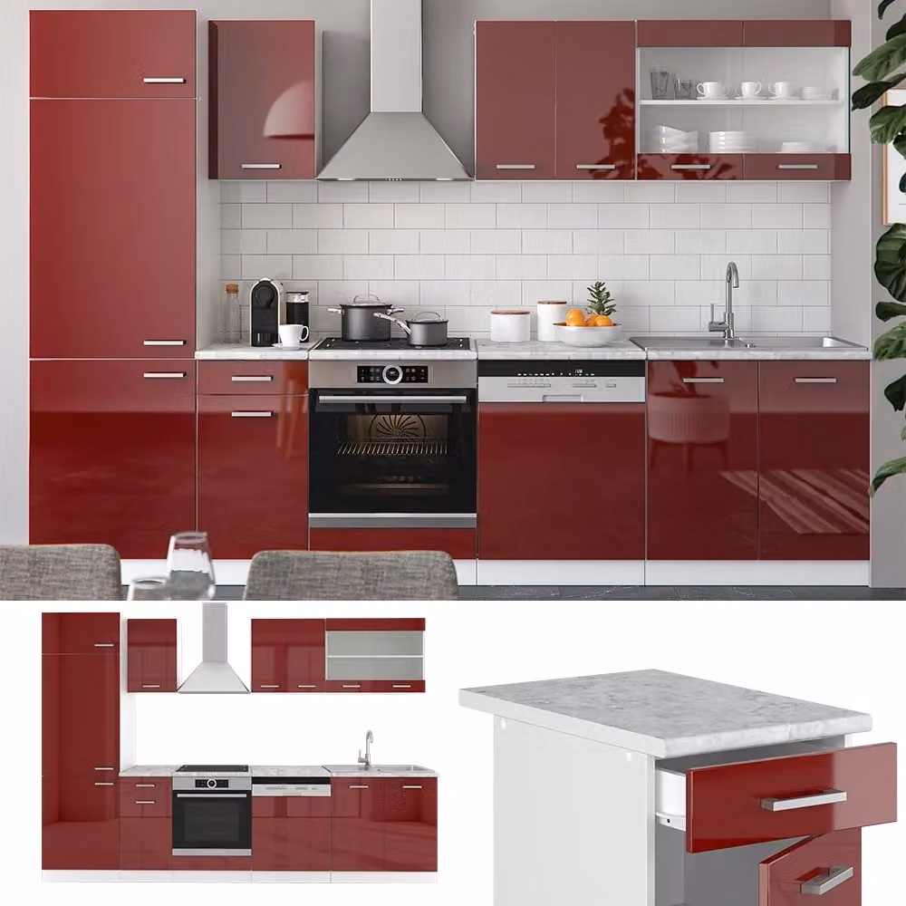 Cucina componibile moderna Vicco R-Line con ante in vetro e illuminazione integrata, Rosso lucido/Bianco/Grigio, L: 300 cm – 2