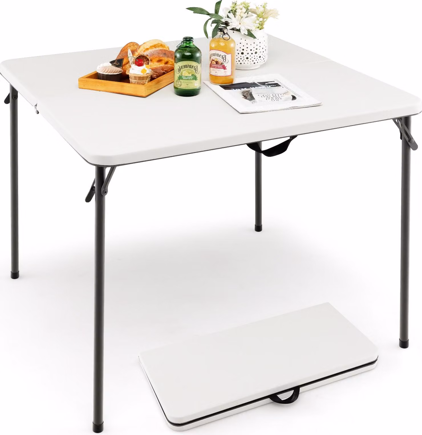 KOMFOTTEU Tavolino pieghevole per campeggio e picnic, portatile, salvaspazio, con cinghie di trasporto, in HDPE e acciaio, per barbecue, giardino e attività all'aperto, portata 100 kg (bianco)