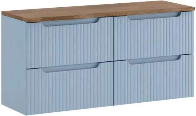 Set da bagno sospeso VANO blu denim e rovere 120cm: mobili sotto lavabo con cassetti + piano per lavabo