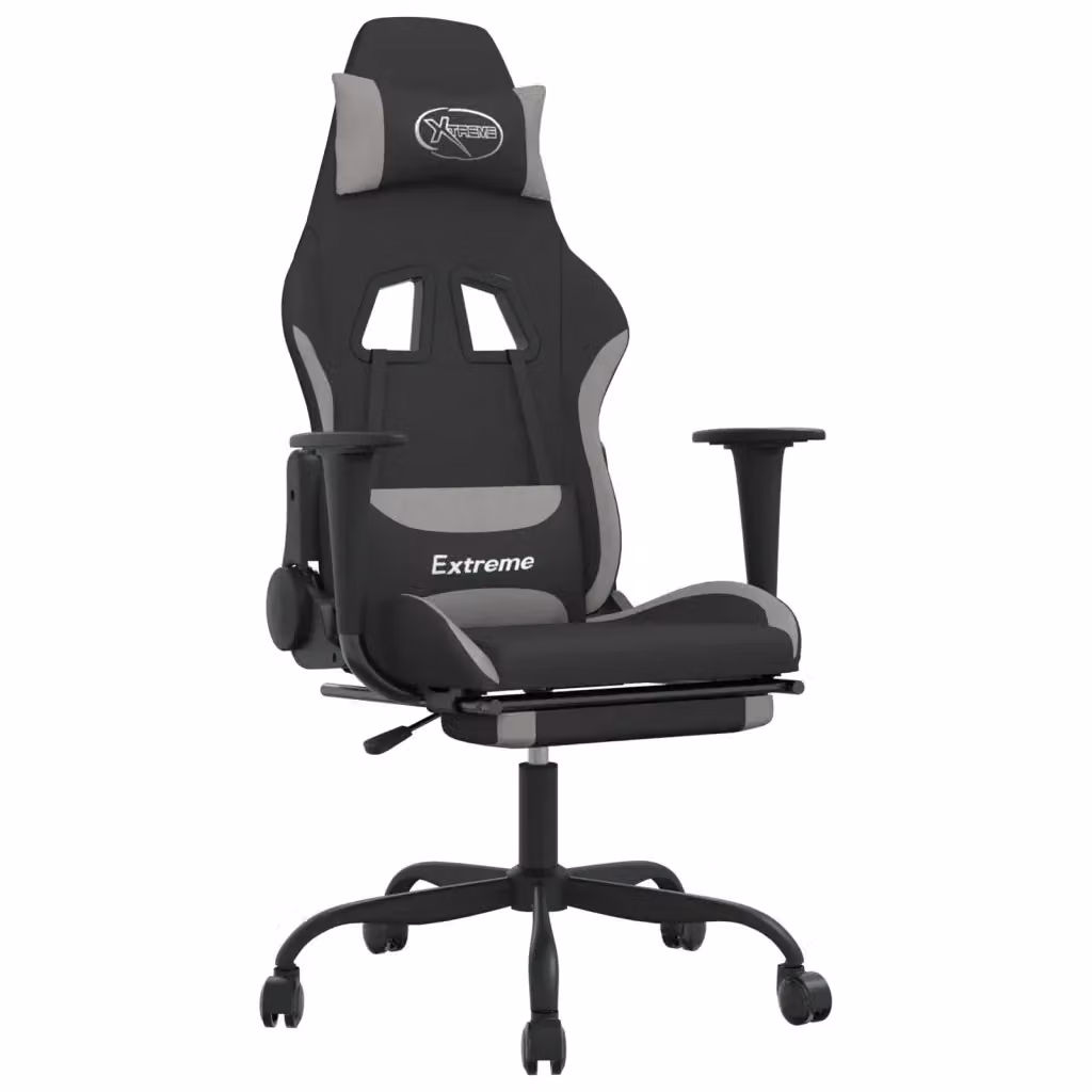 Sedia da Gaming vidaXL con Poggiapiedi e Poggiatesta, Tessuto Nero e Grigio, Ruote e Braccioli, Girevole 360° – 2
