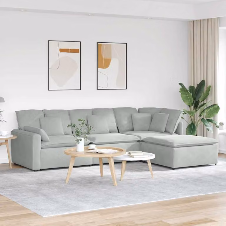 vidaXL Divano Modulare a L in Velluto Grigio con Poggiapiedi e Cuscini