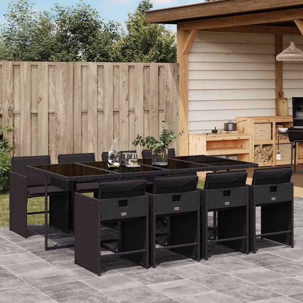 Set da pranzo da giardino vidaXL in polyrattan nero con cuscini e tavolo in vetro da 9 pezzi – 1