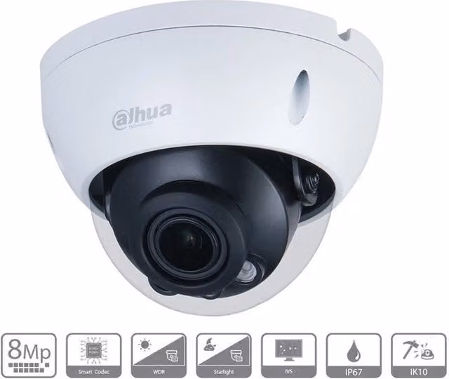 Telecamera IP Dome Dahua DH-IPC-HDBW2831R-ZS-S2 4K 8MP con Ottica Varifocale 2.7-13.5mm, PoE, IP67, IK10, Colore Bianco