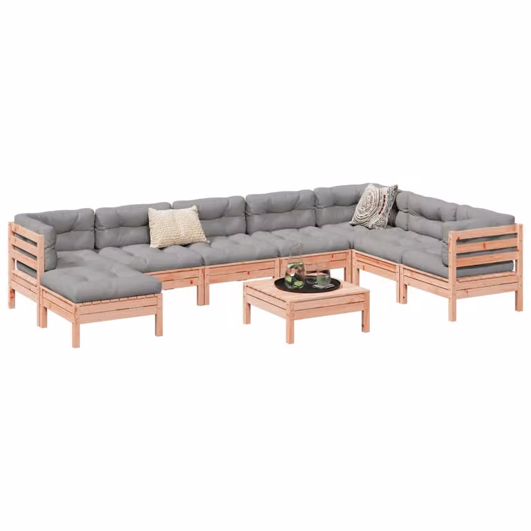 Set di divani da giardino vidaXL a forma di L composto da 9 pezzi in legno massello con cuscini imbottiti marroni e grigi