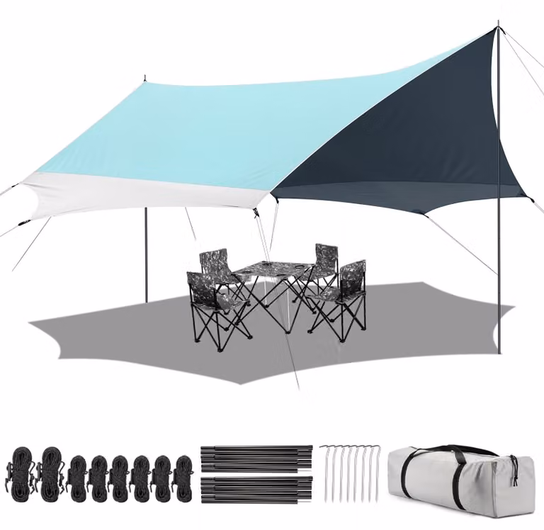 Telo impermeabile per campeggio con 2 picchetti, dimensioni 4,6 x 5,2 metri, ideale per campeggio e trekking