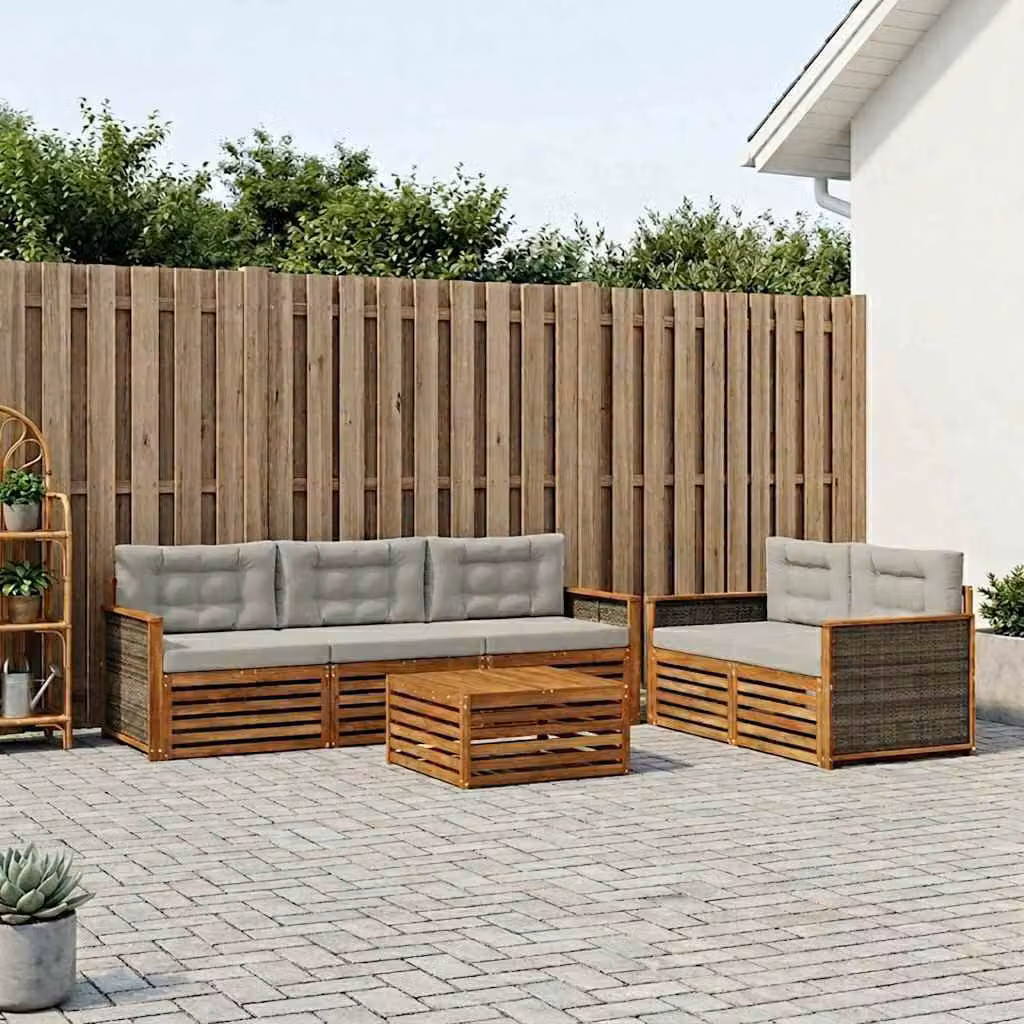 Set di divani da esterno vidaXL a forma di L in legno di acacia con tavolino da caffè, 6 pezzi, beige, grigio e marrone