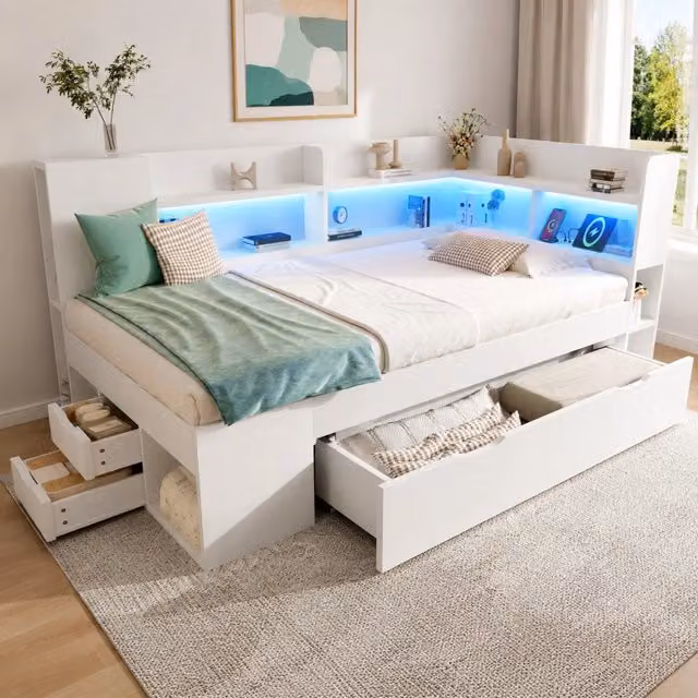 Letto singolo 90x200 con LED, USB-C, cassetti e ripiani