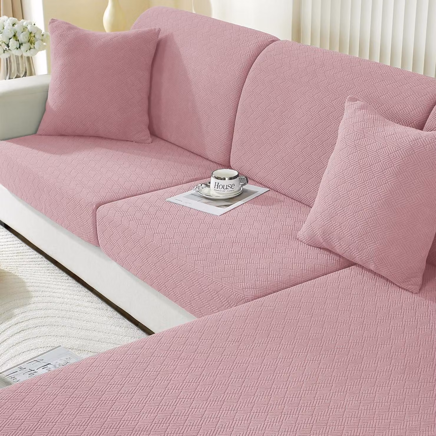 Copertura elastica per cuscini da seduta, antiscivolo, lavabile, per 1 posto e divano a due piazze con chaise longue, colore rosa