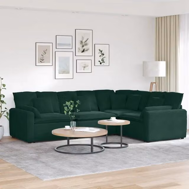 Divano angolare modulare vidaXL in velluto verde con cuscini e struttura in metallo