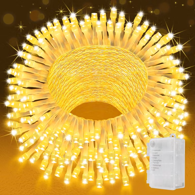 Catena luminosa a LED, 30 metri, 300 LED bianco caldo, con timer, 8 modalità, alimentazione a batteria