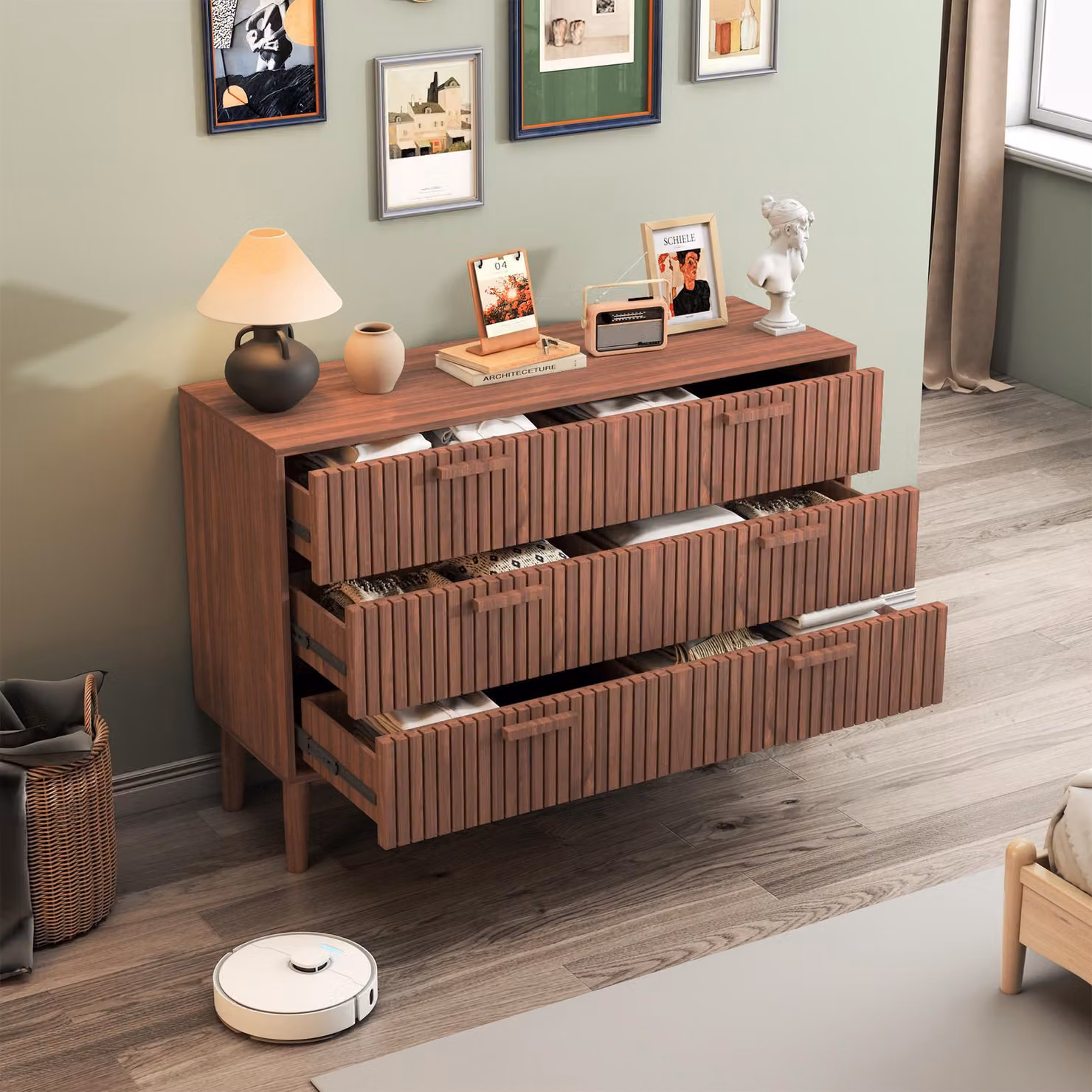 UnboxG cassettiera in legno massiccio marrone 100x34x73 cm, con 6 cassetti, mobile contenitore