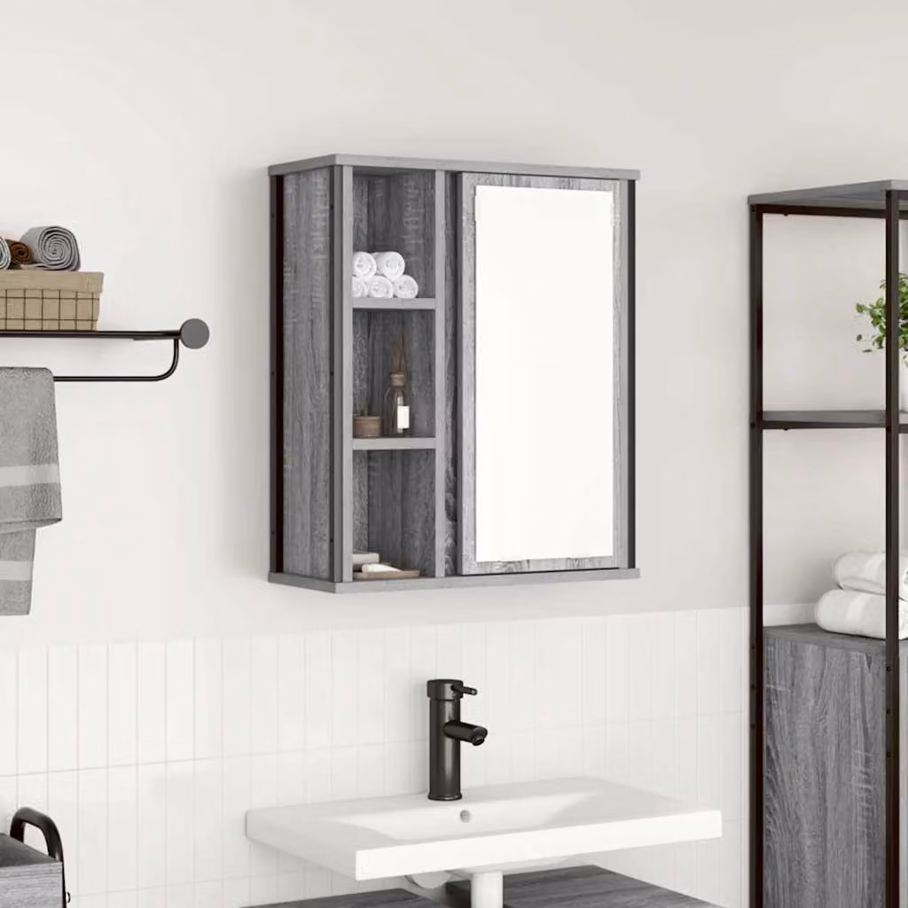 Pensile da bagno con specchio vidaXL Grigio Sonoma, moderno e da appendere a parete, L: 50 cm, P: 21 cm, H: 60 cm