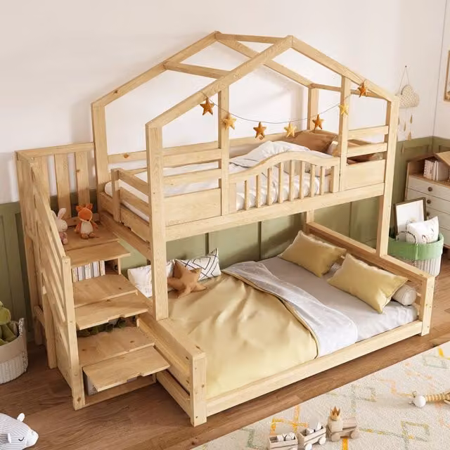 Letto a castello 90x200 cm e 140x200 cm con scala e ripiani in legno