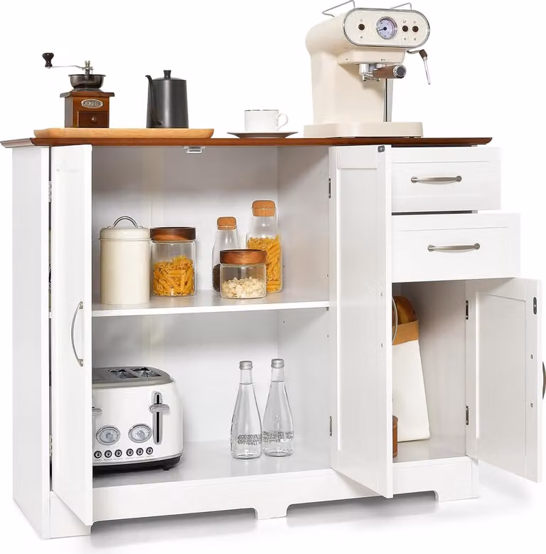 KOMFOTTEU, Credenza buffet, mobiletto multifunzionale con ante e 2 cassetti, mobiletto contenitore per soggiorno, ideale per cucina e sala da pranzo, colore bianco
