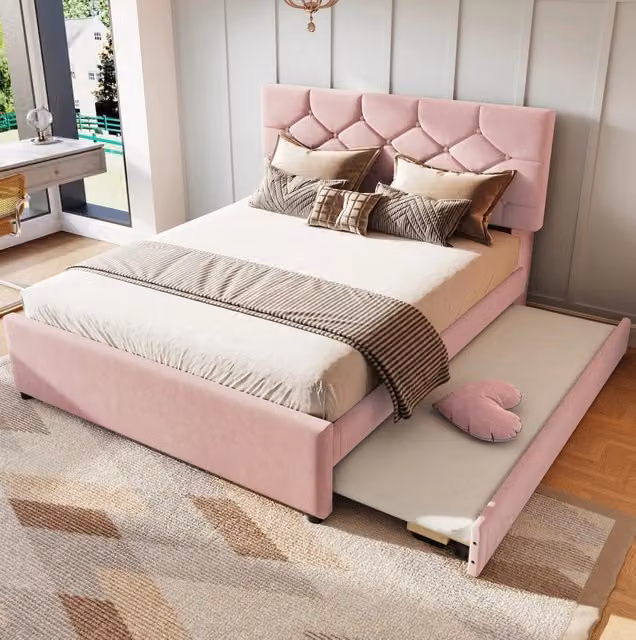 Letto imbottito ULEVR 140x200 cm con letto estraibile 90x190 cm e rete a doghe, rosa