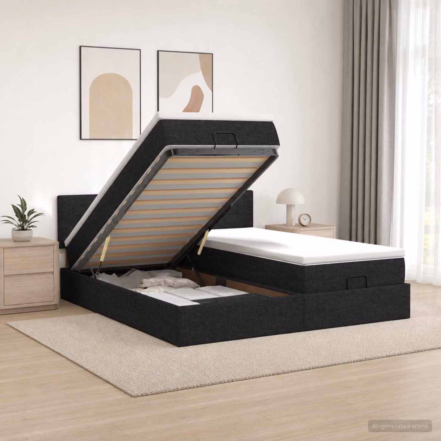 Letto Ottomano vidaXL con Materasso Ibrido e Illuminazione LED Sotto il Letto, Colore Nero, L/P/H: 200 x 200 x 88 cm