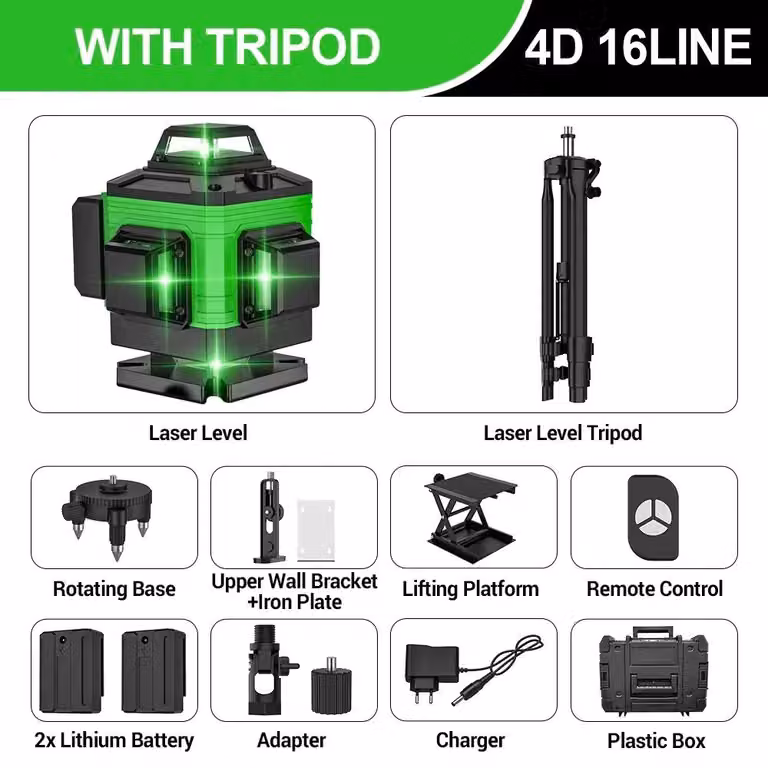 Livella laser a croce - 16 linee, tecnologia 4D - Autolivellamento rapido - Livellamento verticale e orizzontale - Ricaricabile tramite USB - Con treppiede - Contenitore in plastica
