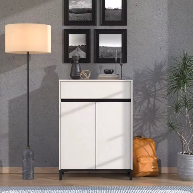 Mobile Portascarpe Ilarione DMORA con Cassetto e Ante, Beige e Nero, L: 80 cm, P: 40 cm, H: 109.5 cm