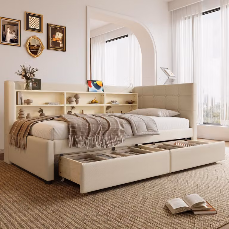 MODFU Letto pieghevole senza materasso 90×200 letto da giorno con ripiani, letto estraibile con 2 cassetti e rete, letto per ragazzi con USB e Type-C, beige