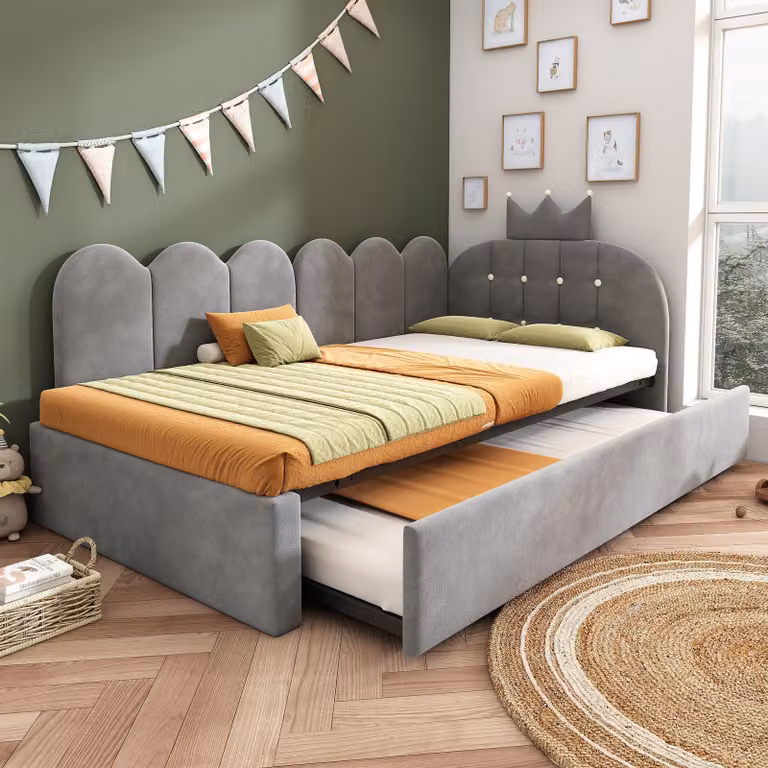 Divano letto imbottito MODFU 90x200 con design a griglia a ; lettino per bambini con letto estraibile; letto singolo; adatto alla cameretta dei bambini; con materasso; grigio