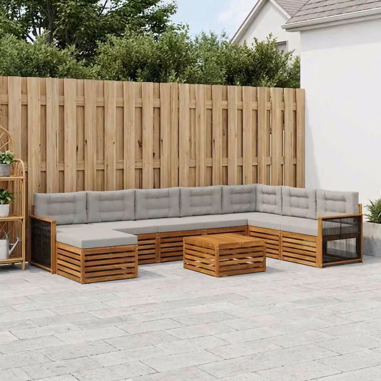 vidaXL Set di divani da esterno a forma di U in legno di acacia con 9 pezzi, colore marrone e grigio chiaro