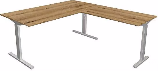 Scrivania Kerkmann Form 2 160x80x70-82 cm con tavolino aggiuntivo 100x60 cm, base a T in alluminio argento, rovere nodoso