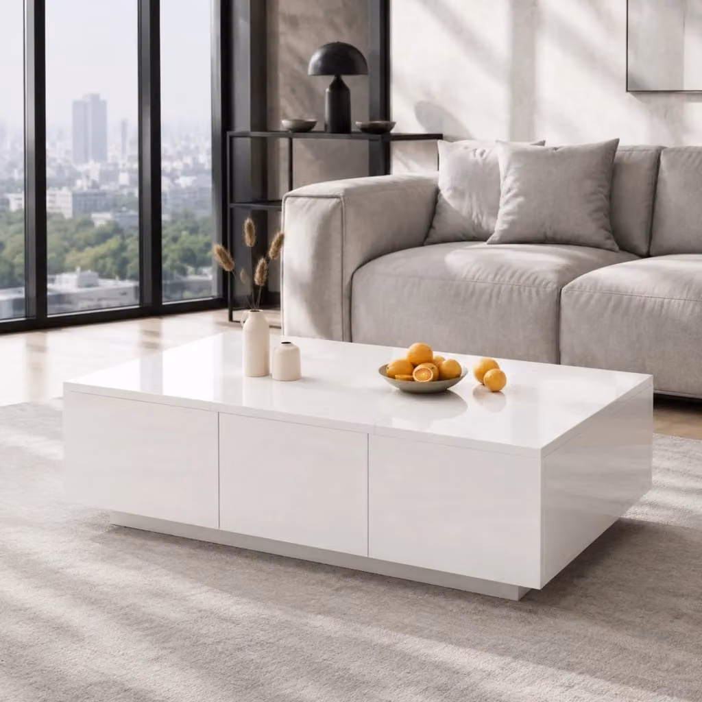 Tavolino da caffè REDOM bianco lucido con cassetti e vani contenitore L/P/H: 100 x 50 x 31 cm – 2