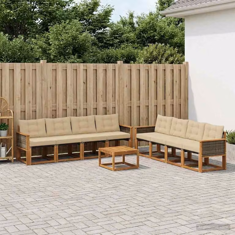 Set di divani da esterno vidaXL 9 pz in legno di acacia con tavolino e cuscini, colore marrone e beige