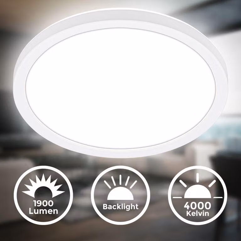 B.K.Licht - Plafoniera a LED a luce indiretta, 3cm piatta, luce bianca neutra, lampada a LED, plafoniera a LED, lampada da soggiorno, pannello a LED, lampada da cucina illuminazione a soffitto, 24x3 cm, bianco