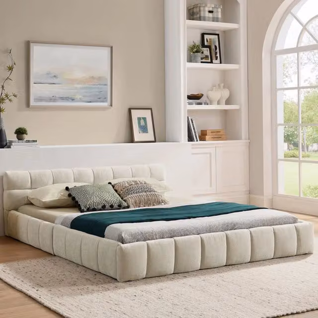 Letto matrimoniale 140 × 200 cm in ciniglia beige, struttura robusta in eucalipto e ferro, senza materasso