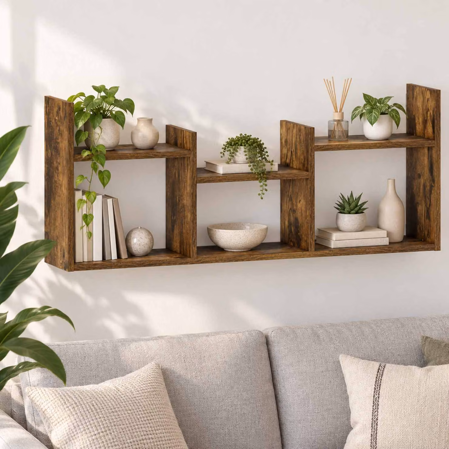 Scaffale da parete moderno vidaXL in legno color rovere fumo, L: 97.5 cm, P: 40 cm, H: 17 cm