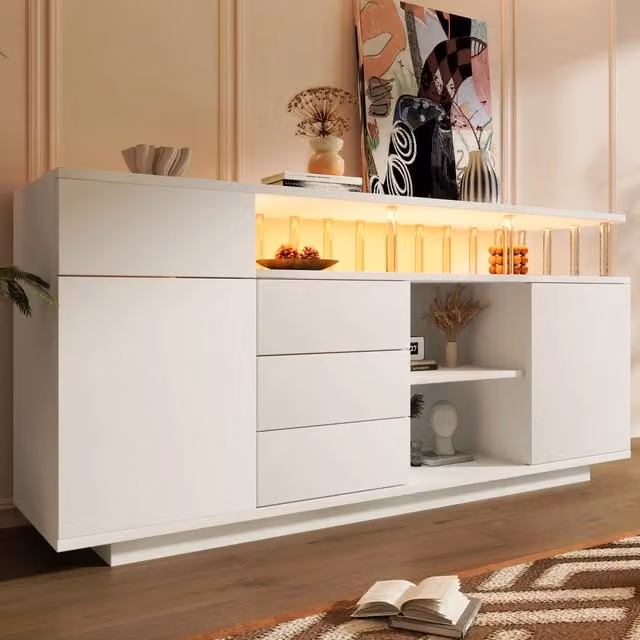 Sideboard 160x40x75 cm bianco in legno con 4 cassetti e 2 ante, illuminazione LED, supporti in acrilico, ripiani regolabili per soggiorno cucina corridoio