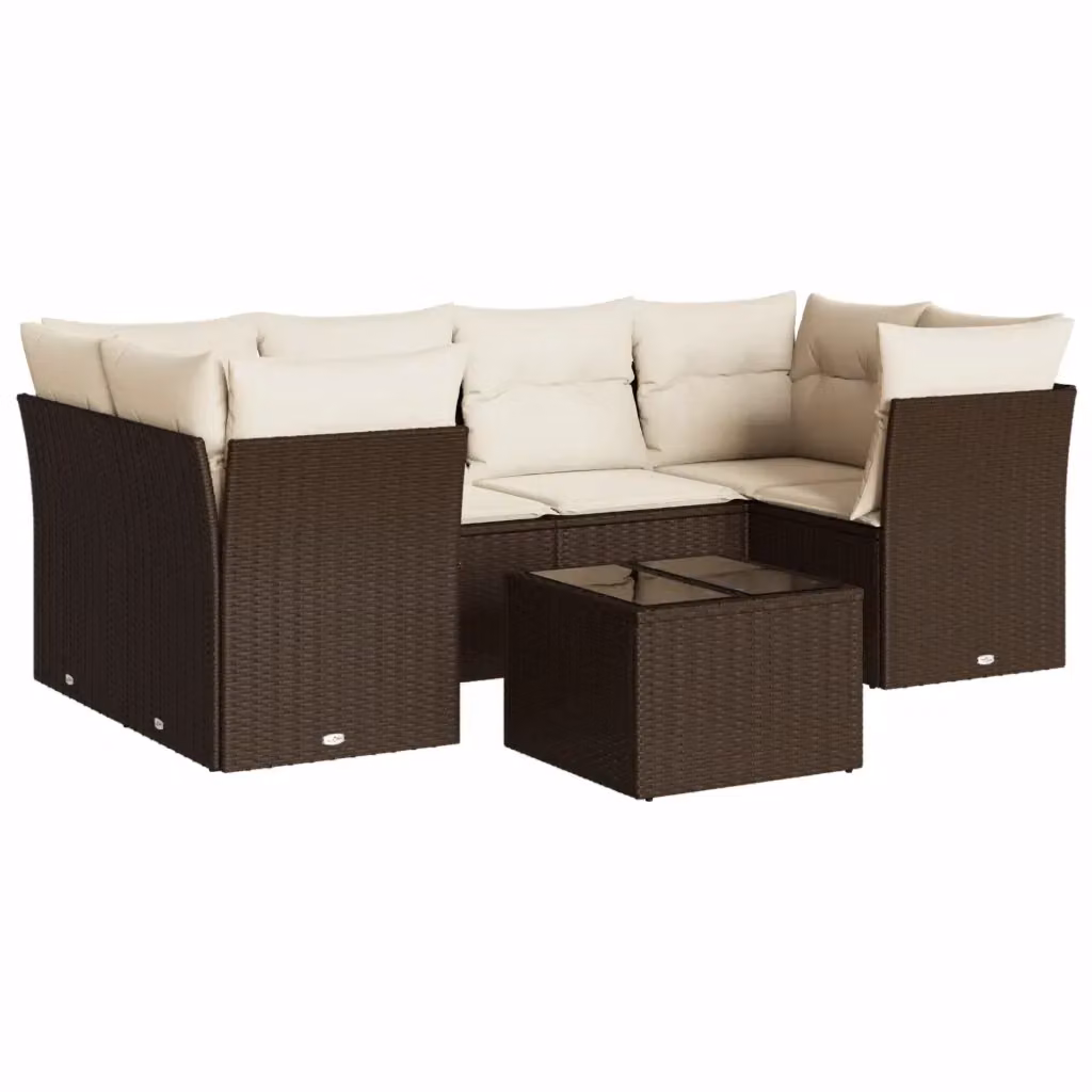 Set Divani da Giardino vidaXL 7 pz a Forma a L con Tavolino in Polyrattan Marrone e Bianco e Cuscini Inclusi – 2