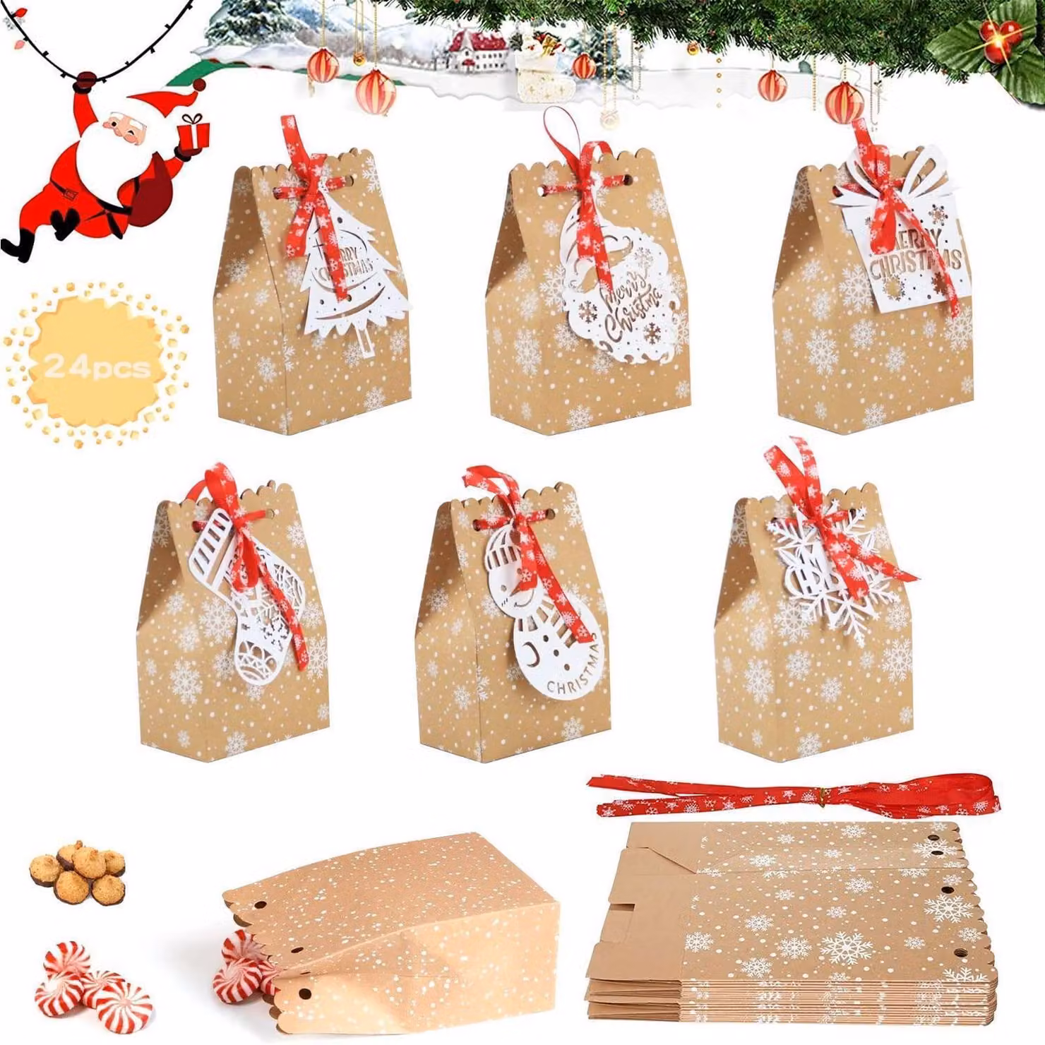 Sacchetti regalo per Natale, confezione da 24 pezzi. Calendario dell'Avvento da riempire. Realizzati in carta kraft, con etichette e nastri inclusi