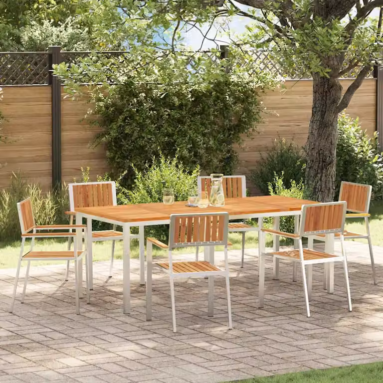 Set da pranzo per esterni vidaXL in legno di acacia e acciaio inossidabile, 7 pezzi, marrone e argento, L: 200 cm, P: 90 cm, H: 75 cm