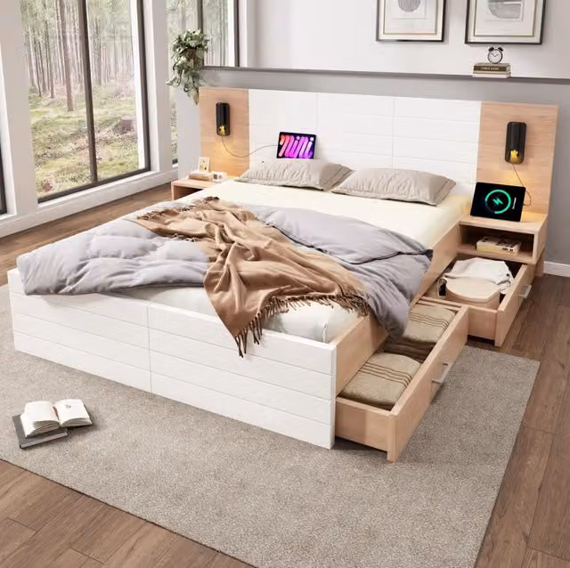 Letto 140x200 cm con 2 cassetti; 2 comodini; luce orientabile e USB; legno massello/MDF; bianco e rovere chiaro