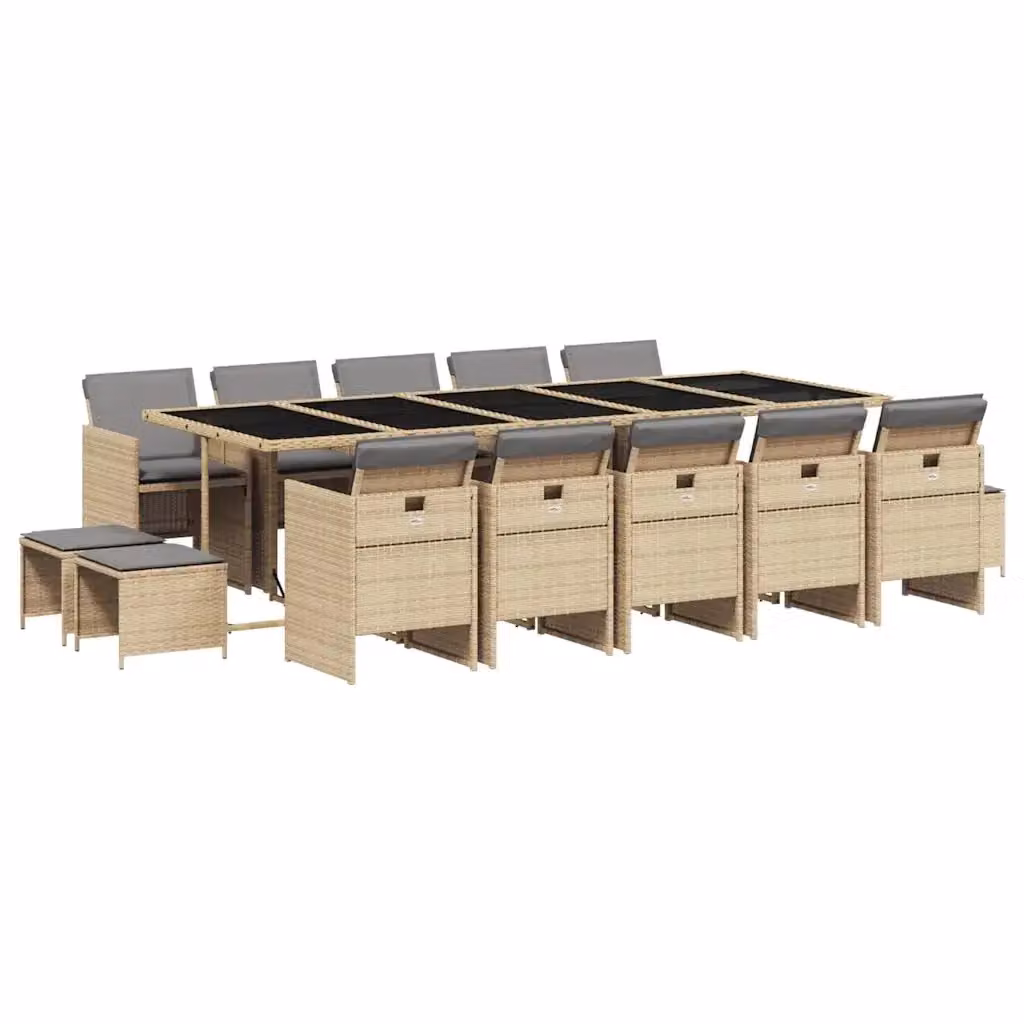 Set Pranzo da Giardino vidaXL in Polyrattan con Piano in Vetro e Cuscini, 15 Pezzi, Colore Beige, Nero e Grigio – 2