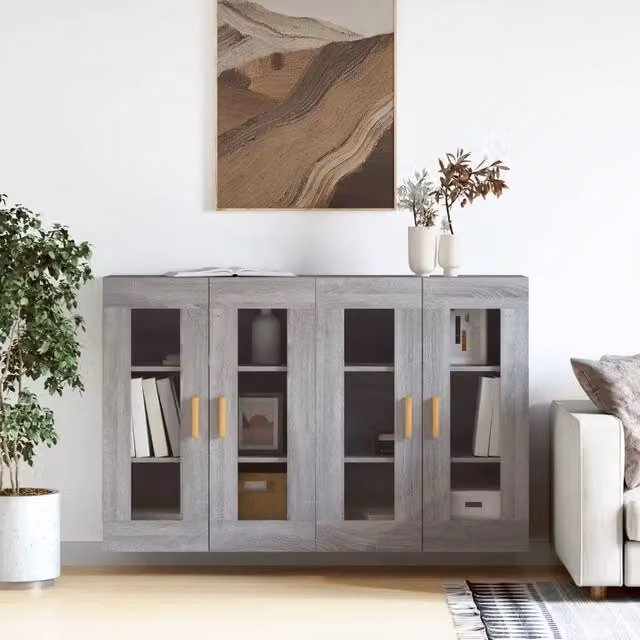 Set di 2 armadietti da parete vidaXL con ante in vetro, colore grigio, design moderno per bagno – 1