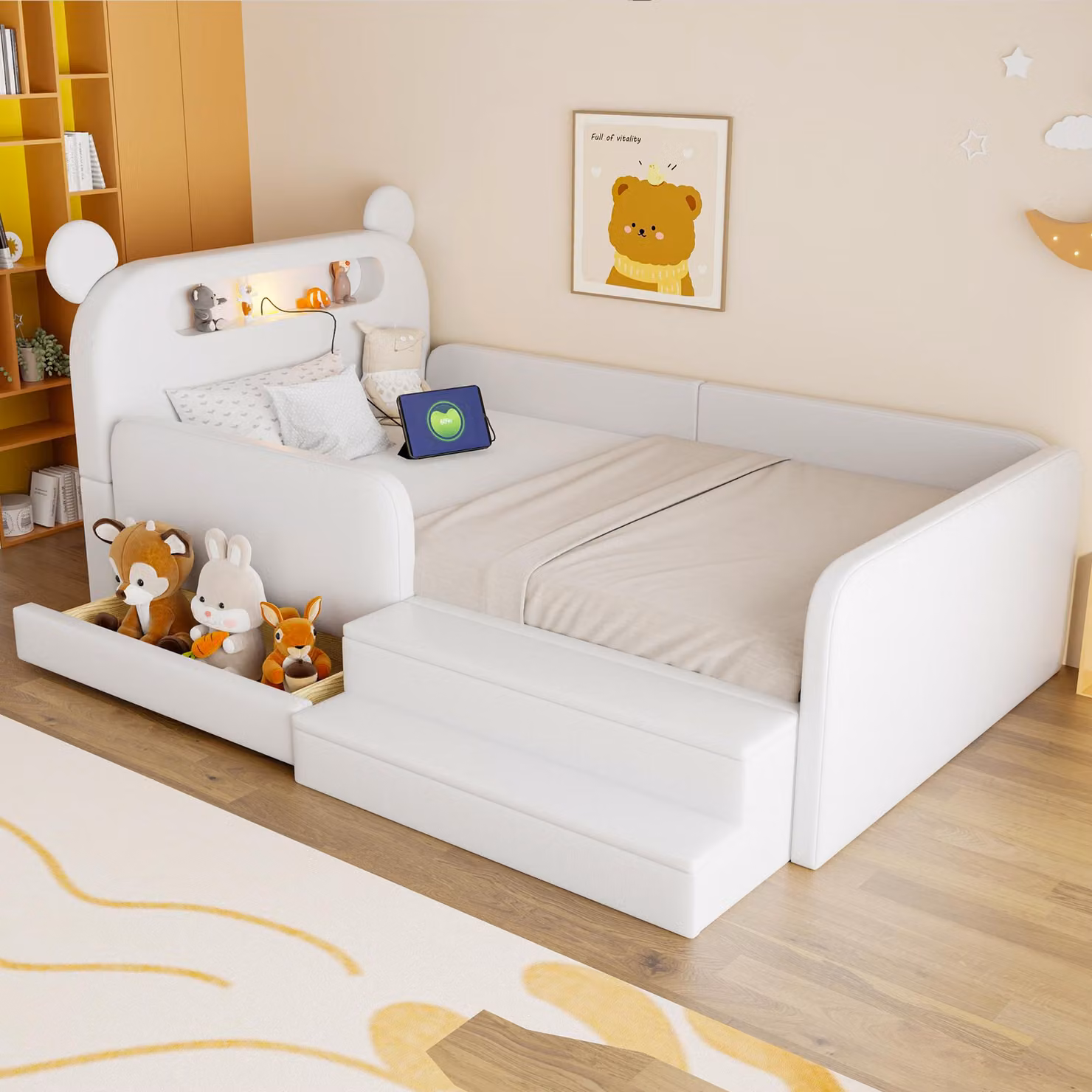 MODFU Letto a castello per bambini 90x200. Letto multifunzionale con testiera imbottita a forma di orso, dotato di porta USB e spazio contenitivo. Struttura del letto con seduta a gradoni, ideale per la cameretta dei bambini. Senza materasso. Colore: bian
