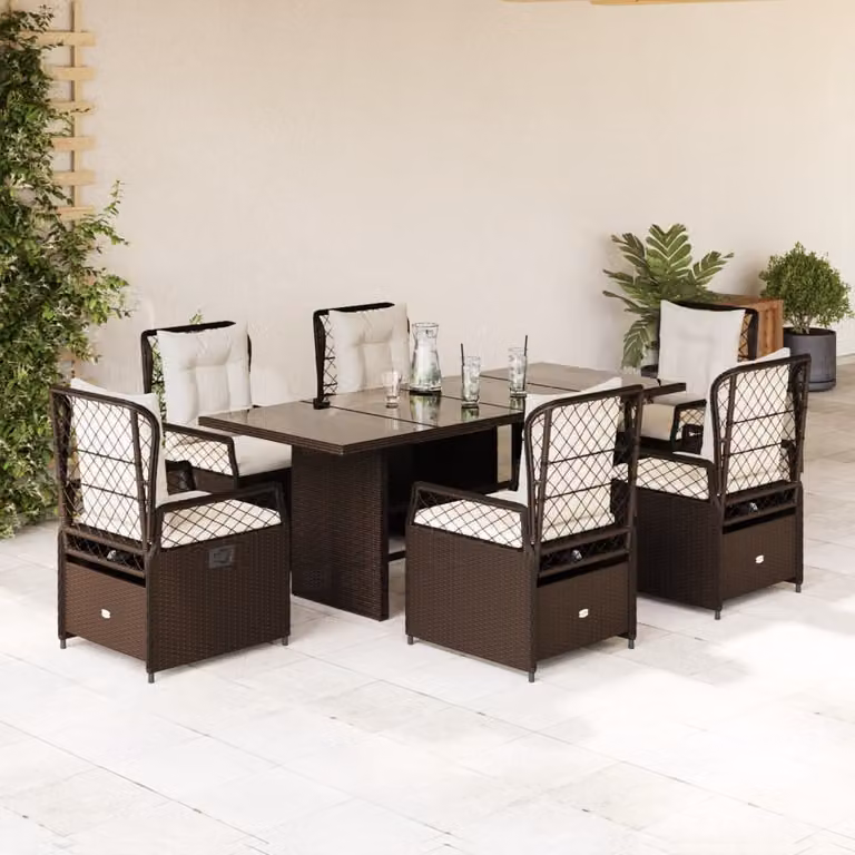 Set da pranzo da giardino vidaXL in polyrattan marrone con cuscini bianchi e tavolo in vetro