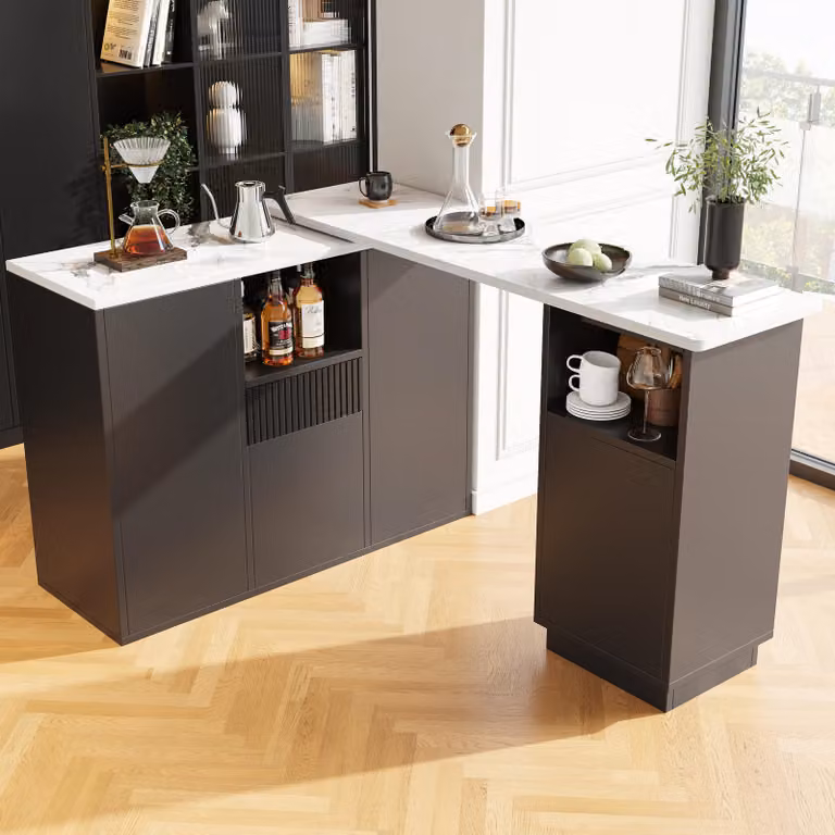 tavolo da pranzo girevole okwish tavolo da cucina con design a forma di L, tavolo da bar a isola con struttura in marmo e diversi vani portaoggetti, con design girevole a 360°, nero