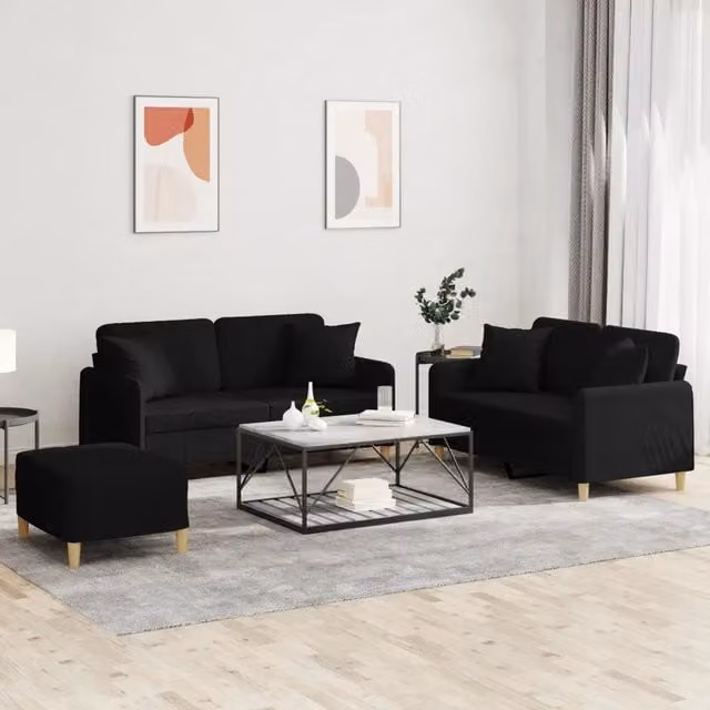 Set di Divani a L vidaXL in Tessuto Nero con Cuscini per Soggiorno Moderno – 1