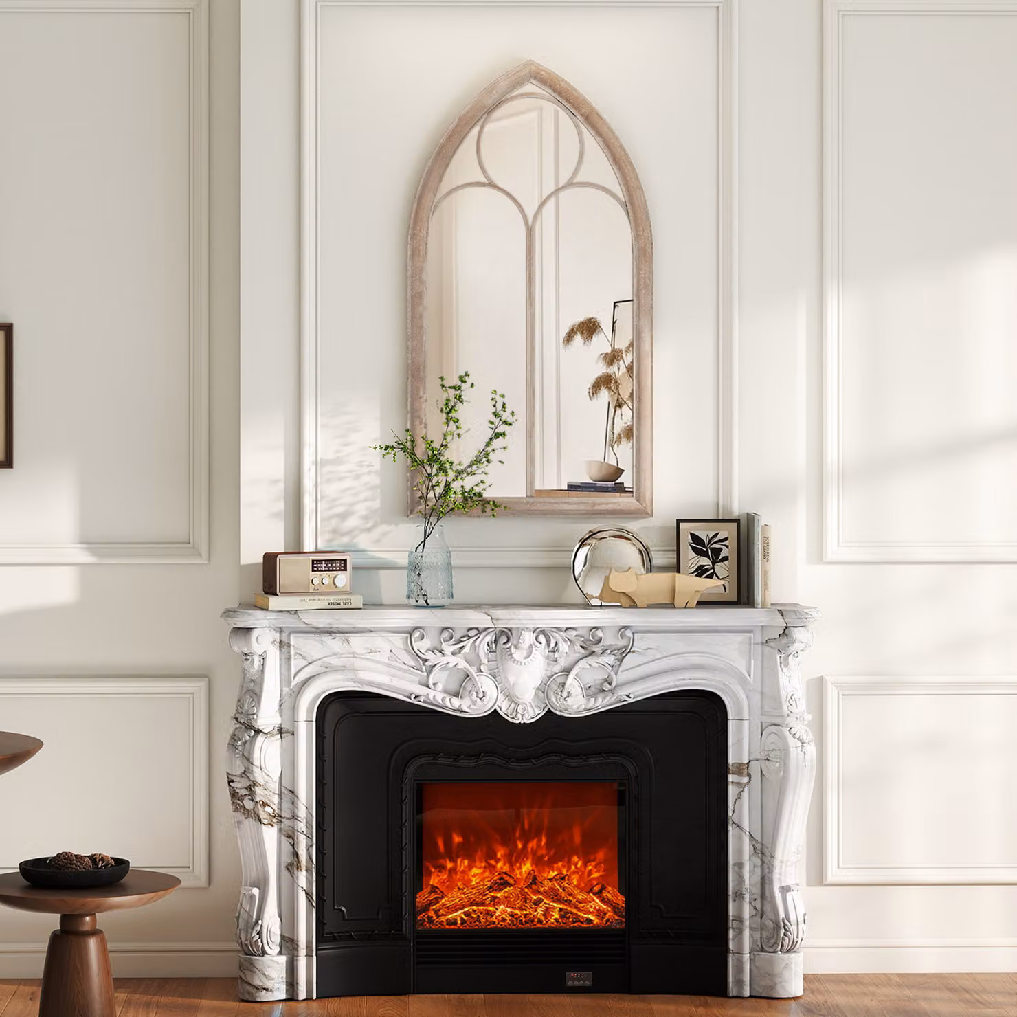 Specchio decorativo ad arco Costway in stile rustico con cornice metallica e vetro antideflagrante, disponibile in bianco o grigio, ideale per soggiorno, ingresso o giardino, H: 111,5 cm