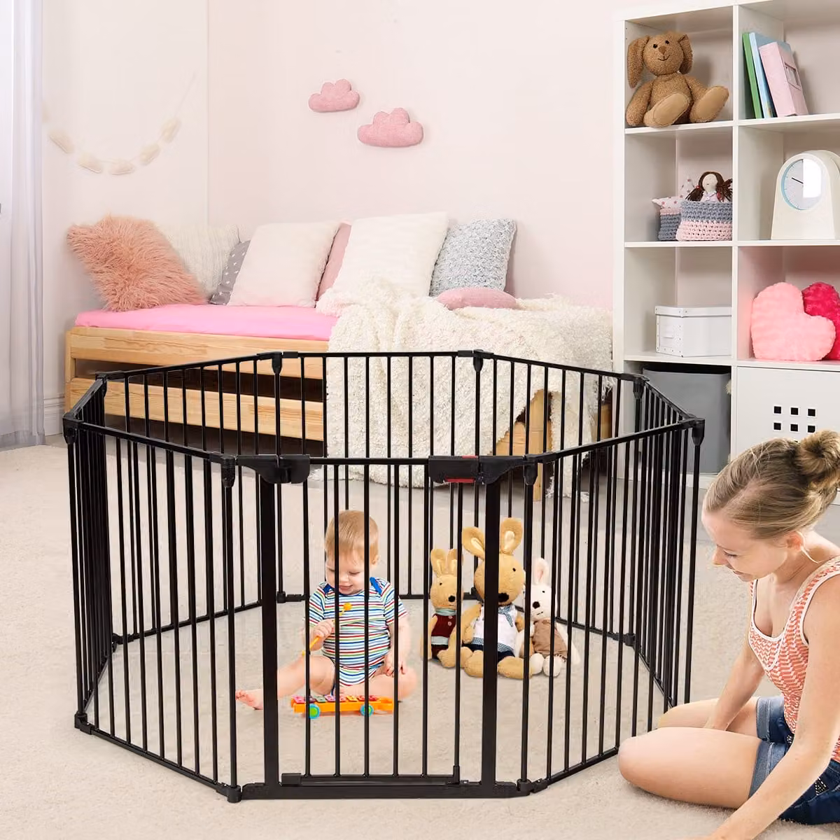 Costway Box con 8 pannelli configurabile e regolabile per bambini, centro attività sicuro in metallo, Nero