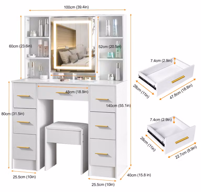 Comò con specchio a LED, colore bianco, con 3 modalità di colore e regolazione della luminosità, struttura in legno