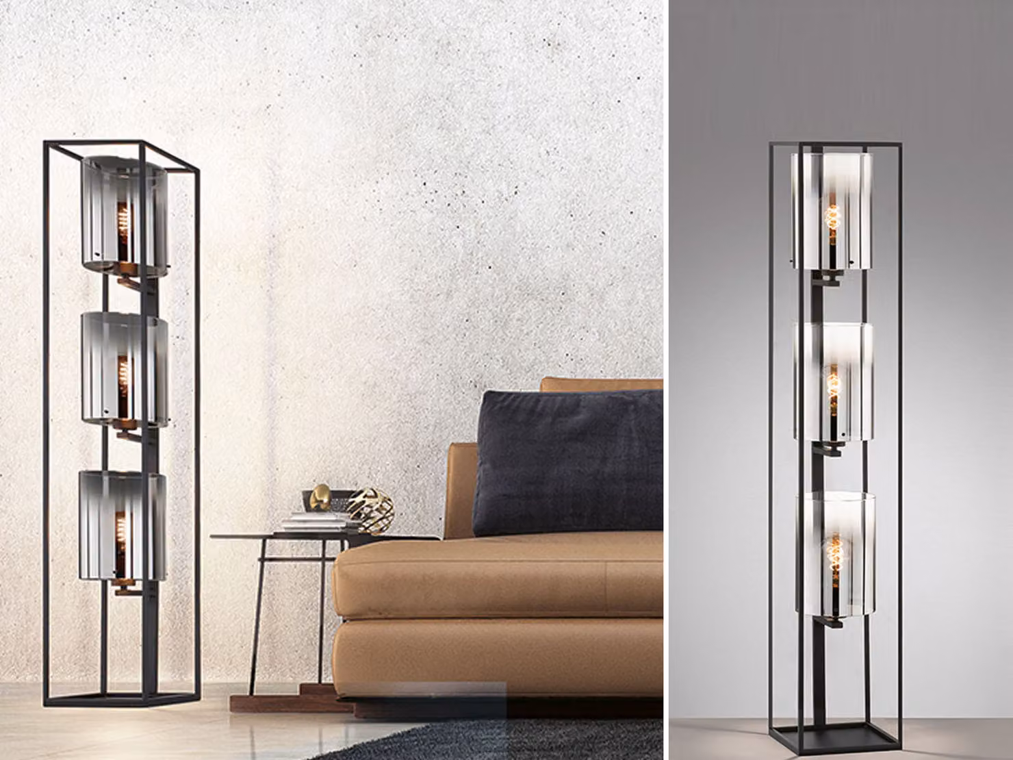 Lampada da terra a 3 luci in vetro nero fumé con LED dimmerabile - lampada da terra insolita