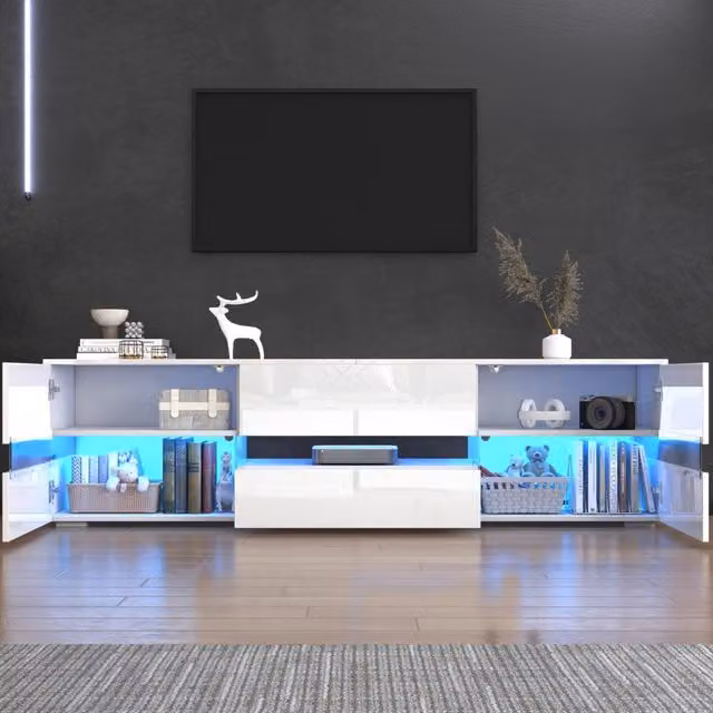 Mobile TV bianco lucido 160 x 39 x 45 cm; LED; 2 ante; 1 cassetto; vano a giorno; TV fino a 70 pollici