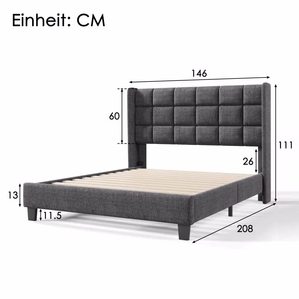 Letto imbottito moderno CIPACHO in tessuto grigio e nero L: 140 cm, H: 111 cm, P: 208 cm – 2