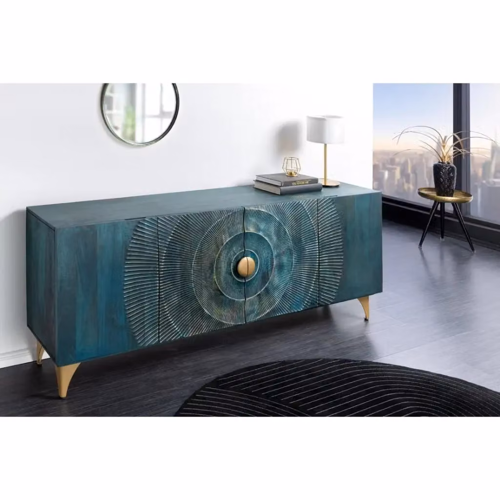 Buffet Solaris Meublorama in legno e MDF laccato blu e oro con decorazioni astratte per soggiorno o sala da pranzo – 2